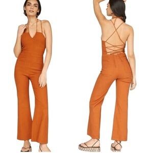 Anthropologie Maeve Colette Burnt Orange Jumpsuit strappy back Wide Leg